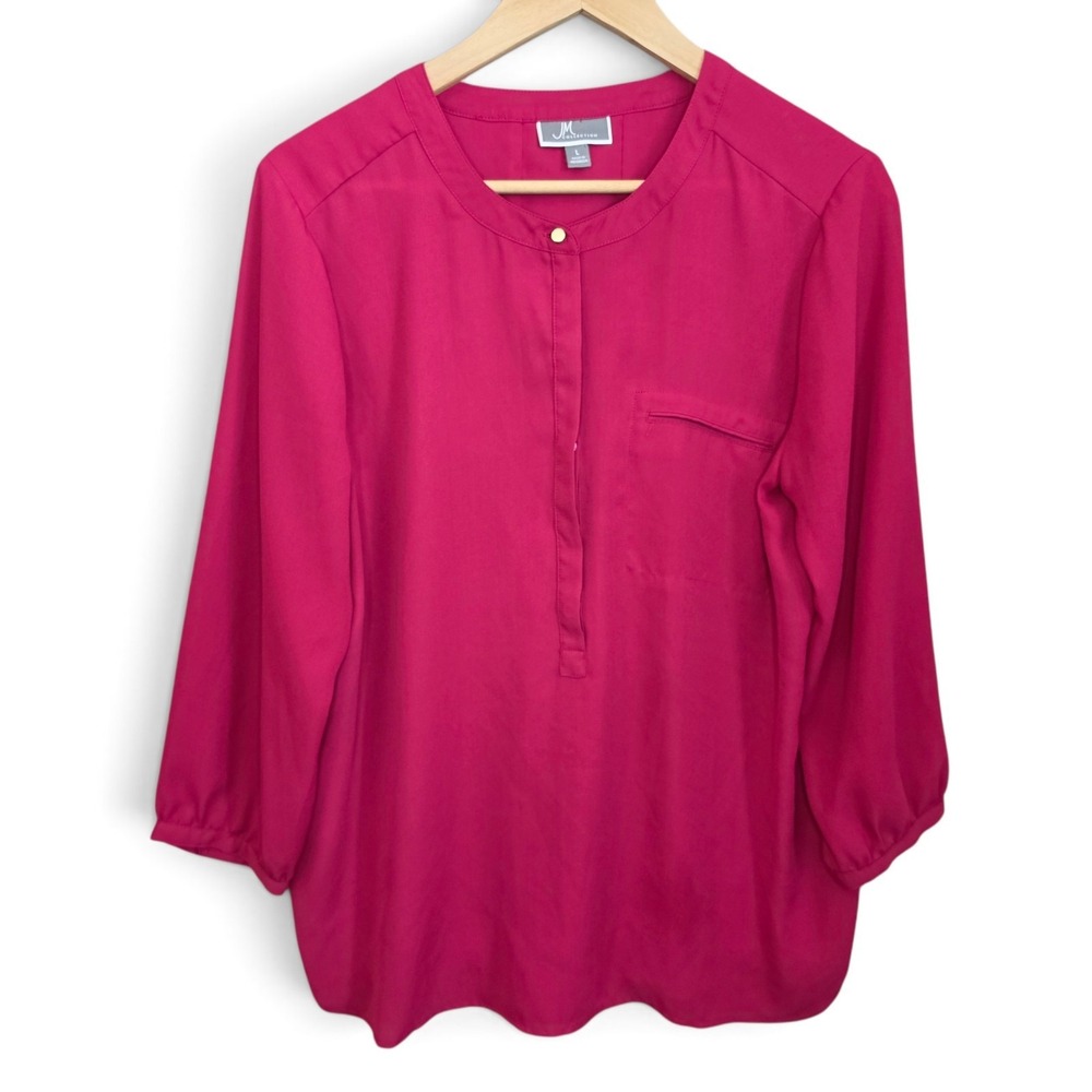 JM Collection Blouse Womens Large Magenta Pink Henley Popover Top 3/4 Sleeve L